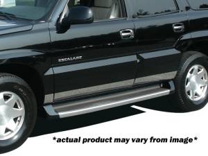 Cadillac Escalade 2002-2006, 4-door, SUV (10 piece Stainless Steel Rocker Panel Trim, Lower Kit 4.125" - 4.375" tapered Width, Full Length, Includes coverage from the wheel well to the bumper on the front and rear Spans from the bottom of the door UP to t