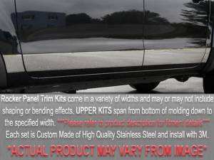 Cadillac DeVille 1997-1999, 4-door, Sedan (10 piece Stainless Steel Rocker Panel Trim, Upper Kit 4.5" - 5" tapered Width, Full Length, Includes coverage from the wheel well to the bumper on the front and rear Spans from the bottom of the molding DOWN to t