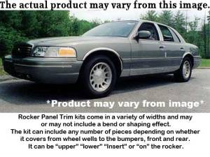 Ford Crown Victoria 1992-1997, 4-door, Sedan (12 piece Stainless Steel Rocker Panel Trim, Upper Kit 4.125" Width, Full Length, Includes coverage from the wheel well to the bumper on the front and rear Spans from the bottom of the molding DOWN to the speci