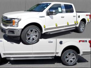 Ford F-150 2015-2020, 4-door, Pickup Truck, Crew Cab, 6.5 bed (12 piece Stainless Steel Rocker Panel Trim, Upper Kit 4.5" Width Spans from the bottom of the molding DOWN to the specified width.) TH55305 QAA