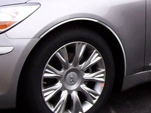 Hyundai Genesis 2009-2013, 4-door, Sedan (4 piece Stainless Steel Wheel Well Accent Trim With 3M adhesive installation and black rubber gasket edging.) WQ29345 QAA