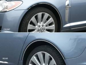 Jaguar XF 2009-2015, 4-door, Sedan (4 piece Stainless Steel Wheel Well Accent Trim With 3M adhesive installation and black rubber gasket edging.) WQ29098 QAA