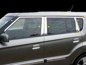 Kia Soul 2010-2013, 4-door, Hatchback (16 piece Stainless Steel Window Trim Package Includes Upper Trim and Pillar Posts, NO Window Sills ) WP10831 QAA