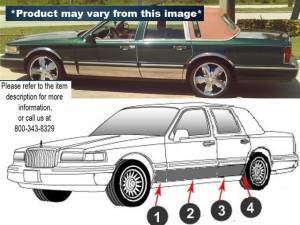 Lincoln Town Car 1990-1994, 4-door, Sedan (16 piece Stainless Steel Rocker Panel Trim, Full Kit 7.75" Width, Full Length, Includes coverage from the wheel well to the bumper on the front and rear Spans from the bottom of the molding to the bottom of the d