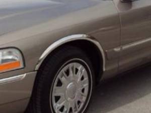 Mercury Grand Marquis 2003-2011, 4-door, GS (4 piece Molded Stainless Steel Wheel Well Fender Trim Molding 1.75" Width, FULL LENGTH, Extends past the molding for the GS model. Clip on or screw in installation, Lock Tab and screws, hardware included.) WZ43