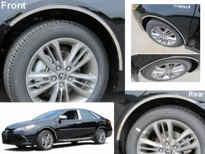 Toyota Camry 2015-2017, 4-door, Sedan (4 piece Stainless Steel Wheel Well Accent Trim With 3M adhesive installation and black rubber gasket edging.) WQ15130 QAA