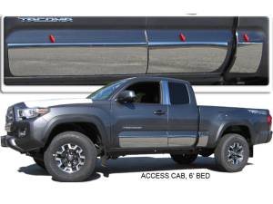 Toyota Tacoma 2016-2020, 4-door, Access Cab, 6' Bed (6 piece Stainless Steel Rocker Panel Trim, Full Kit 8" - 8.375" tapered Width Spans from the bottom of the molding to the bottom of the door.) TH16172 QAA