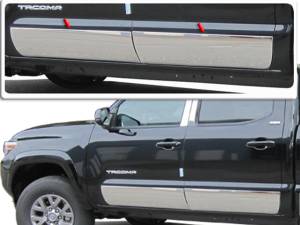 Toyota Tacoma 2016-2020, 4-door, Double Cab, 5' Bed (4 piece Stainless Steel Rocker Panel Trim, Full Kit 8" - 8.375" tapered Width Spans from the bottom of the molding to the bottom of the door.) TH16174 QAA