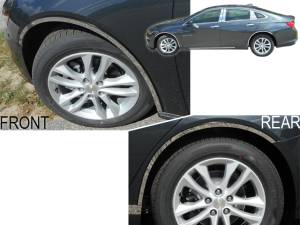 Chevrolet Malibu 2016-2020, 4-door, Sedan (4 piece Stainless Steel Wheel Well Accent Trim 0.875" Width With 3M adhesive installation and black rubber gasket edging.) WQ56105 QAA
