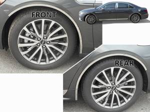 Lincoln Continental 2017-2020, 4-door, Sedan (6 piece Stainless Steel Wheel Well Accent Trim 0.875" Width With 3M adhesive installation and black rubber gasket edging.) WQ57680 QAA